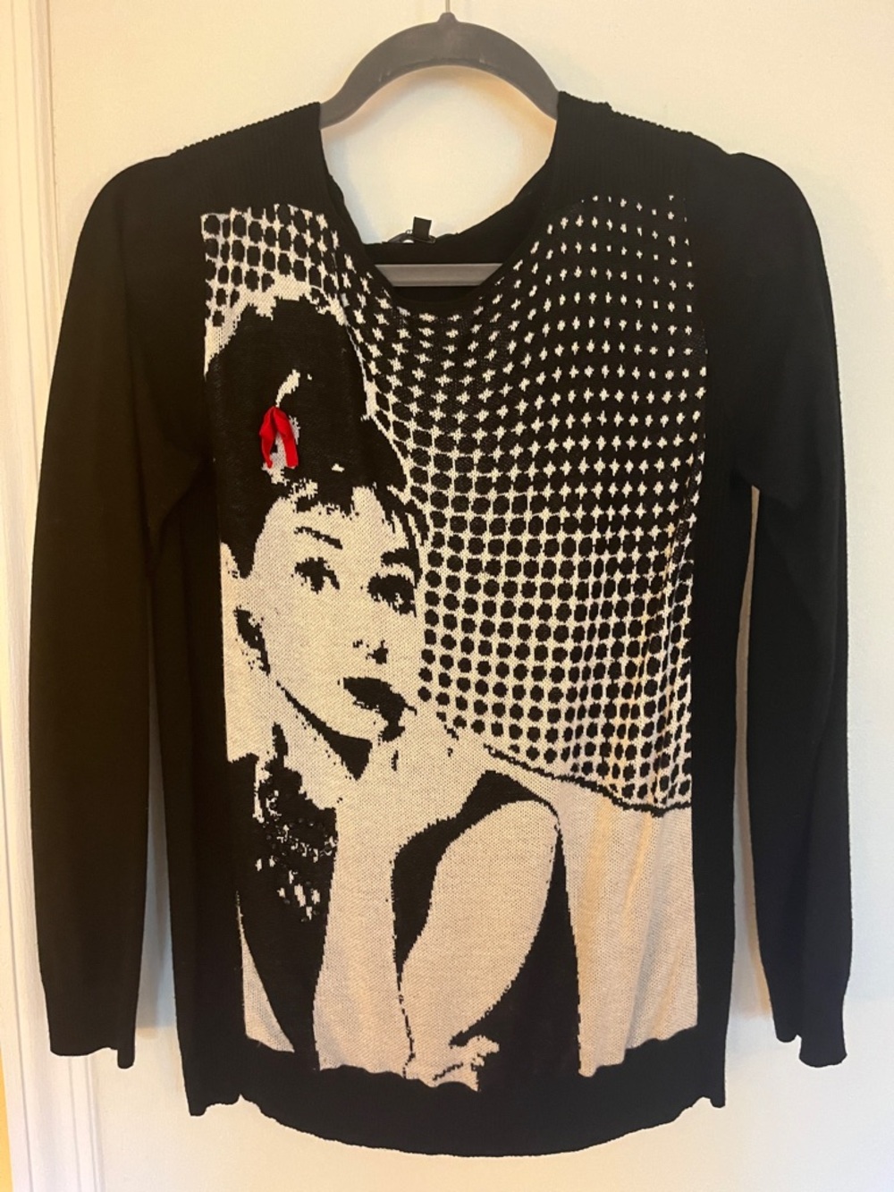 Black and Cream Portrait Knit Sweater with Red Accent - Women